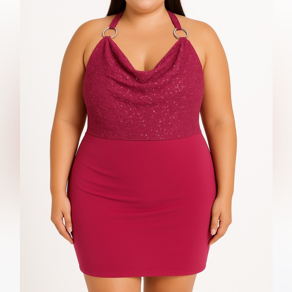 Elegant Plus Size  Burgundy Halter Stretchy Sequin Top Dress